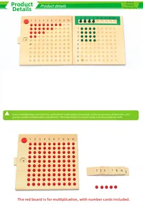 Macro detail of wooden Montessori math board with red beads and number cards