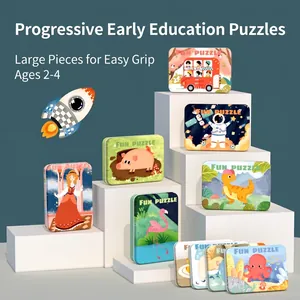 Educational Progressive Jigsaw Puzzle Set For Children With Metal Storage Box Cartoon Animal Dinosaur Space Wood Fiberboard Jigsaw Puzzle