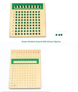 Macro detail of wooden Montessori math division board with green pegs and numeric scale
