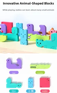 Detail of colorful wooden animal puzzle blocks showing smooth paint and 3D shapes