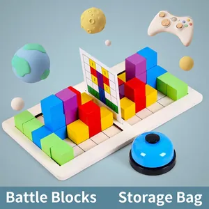 Educational wooden Tetris puzzle game set with colorful blocks, base and battle bell