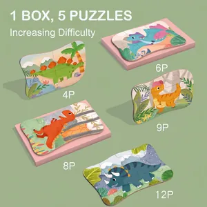 Five-in-one dinosaur progressive puzzles for kids with 4 to 12 pieces in a storage box