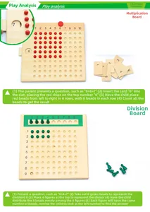 Detailed view of Montessori multiplication and division boards with beads and numbered cards