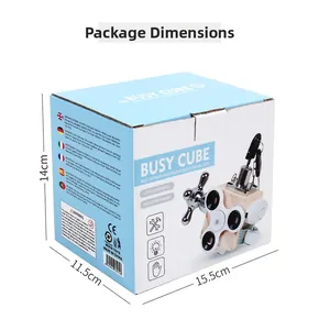Detail view of the Montessori Busy Cube packaging box showing product dimensions and safety certifications
