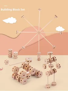 Macro view of DIY wooden construction toy kit showing ferris wheel and robot models