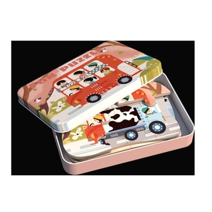 5-in-1 children wooden puzzle set in a pink tin box with tour bus illustration
