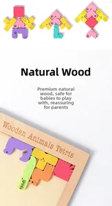 Close-up of colorful animal tetris puzzle pieces made from natural wood for kids