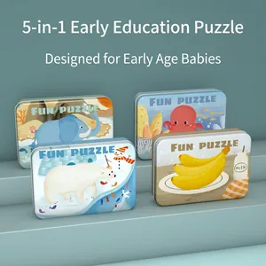 5-in-1 children's educational wooden puzzle set in colorful metal storage tins