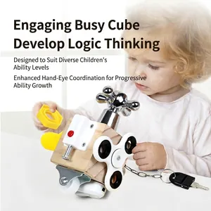 Educational wooden busy cube for toddlers featuring sensory locks and fidget spinner toy