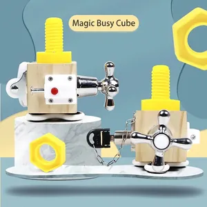 Educational wooden busy cube with metal faucet and lock for toddlers fine motor skills