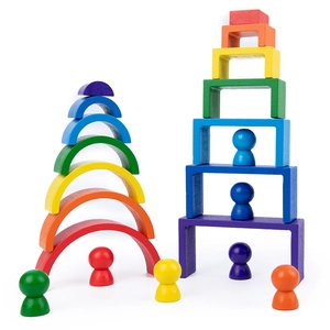Rainbow wooden building blocks set with dolls and arch stacking toys for kids' education