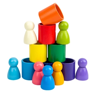 Montessori wooden rainbow blocks set with colorful cups and peg dolls for kids' education
