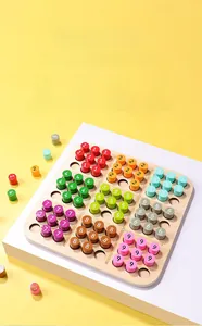 Detailed close-up of a wooden Sudoku puzzle set with colorful numbered pegs and grid