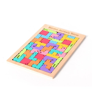 Colorful wooden animal tetris puzzle game with animal shapes on a natural wood tray