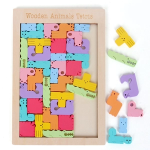 Educational wooden animal tetris puzzle with colorful building blocks for kids
