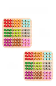 Detailed view of the double-sided wooden sudoku board showing colors and numbers