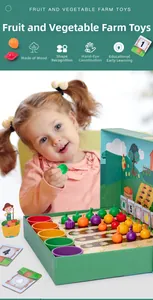 Toddler sorting colorful wooden vegetable models into matching cups for early learning