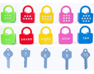 Close-up of colorful number learning locks and keys for counting and matching skills