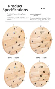 Detailed view of round wooden ring toss board with 13 metal hooks and numbered points