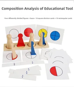Détails du jeu de fractions Montessori avec base en bois, figurines et cartes éducatives