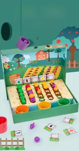 Macro detail of wooden farm sorting toy with colorful vegetable models and activity cards