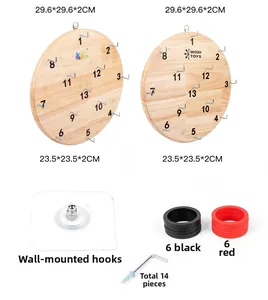 Detail of wooden hook and ring toss game set with numbered plates and accessories