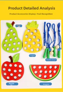 Detail of wooden fruit lacing toy set including apple pear pineapple and watermelon