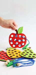 Educational wooden fruit threading toy with apple pineapple watermelon and caterpillar needle