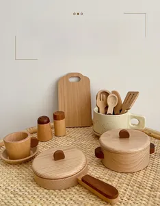 Detailed 15pcs wooden play kitchen set with pots and utensils on a woven tray