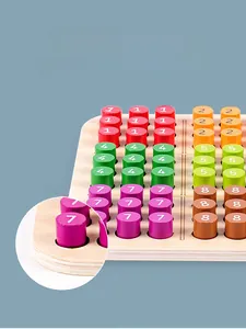 Macro detail of colorful wooden numbers on a logic board for early childhood education