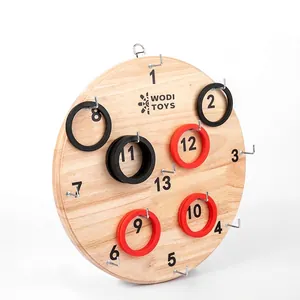 Wooden ring toss wall game with metal hooks and colorful rings for family fun