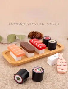 Detailed view of realistic wooden sushi play set with various nigiri and rolls on a tray