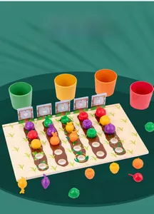 Detailed set of wooden sorting toys with colorful cups, vegetable figures and task cards