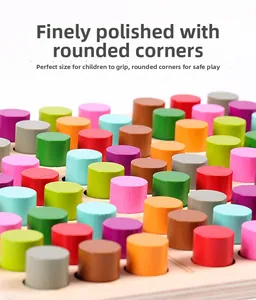 Close-up of colorful wooden pegs on a baseplate with smooth rounded safety edges