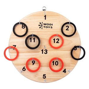 Wooden ring toss game board with numbered hooks and colorful rings for family indoor play