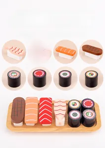 Detail showing wooden sushi toy set with nigiri and rolls on a rectangular tray