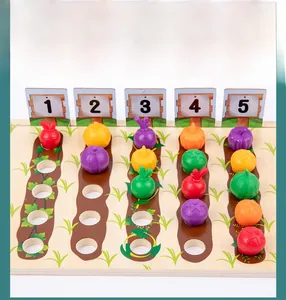 Macro shot of wooden sorting board with colorful vegetable pieces for number matching