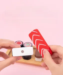 Detail of wooden sushi toy set showing magnetic connection and realistic food design