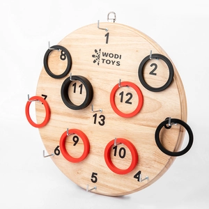 Wooden ring toss game board with 13 metal hooks and scoring numbers for family fun
