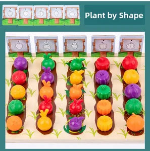 Wooden Montessori sorting toy featuring colorful fruit and vegetable pieces on a farm base