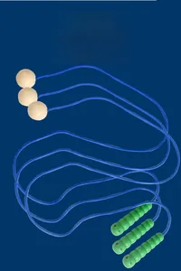 Detailed shot of three durable blue cotton ropes with wooden caterpillar threading handles