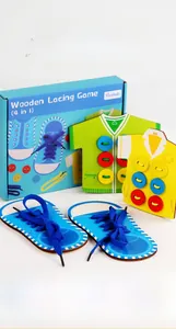 Detail showing the 4-in-1 wooden lacing toy set with shoes, clothes, and buttons for kids