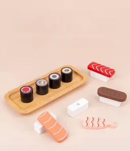 Macro view of 9-piece wooden toy sushi set with tray for kids pretend play food