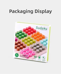 Detail view of colorful wooden Sudoku pegs and functional packaging for logic training