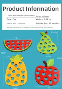 Detailed size and dimension chart for wooden fruit lacing puzzles including apple and pineapple