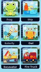 Vue détaillée de 6 puzzles en bois animaux et véhicules pour l'éveil des jeunes enfants