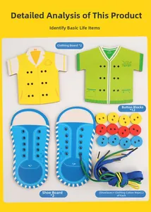 Detail view of 4-in-1 wooden lacing toy set with shirts, shoes, buttons and colorful cords