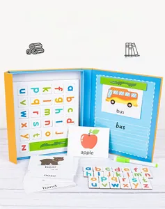 Detail of wooden magnetic alphabet tiles and animal word cards for early spelling practice