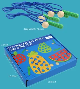 Close-up of three 78.5cm blue lanyards with wooden caterpillar heads for threading toys