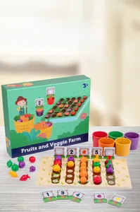 Educational fruit and vegetable farm sorting toy with colorful wooden cups and figures
